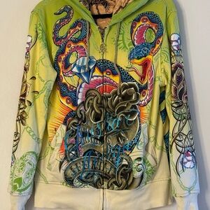Christian Audigier Lime Green Multi-Color Graphic Zip Hoodie